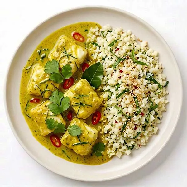 Kaffir lime fish curry with basil cauliflower rice